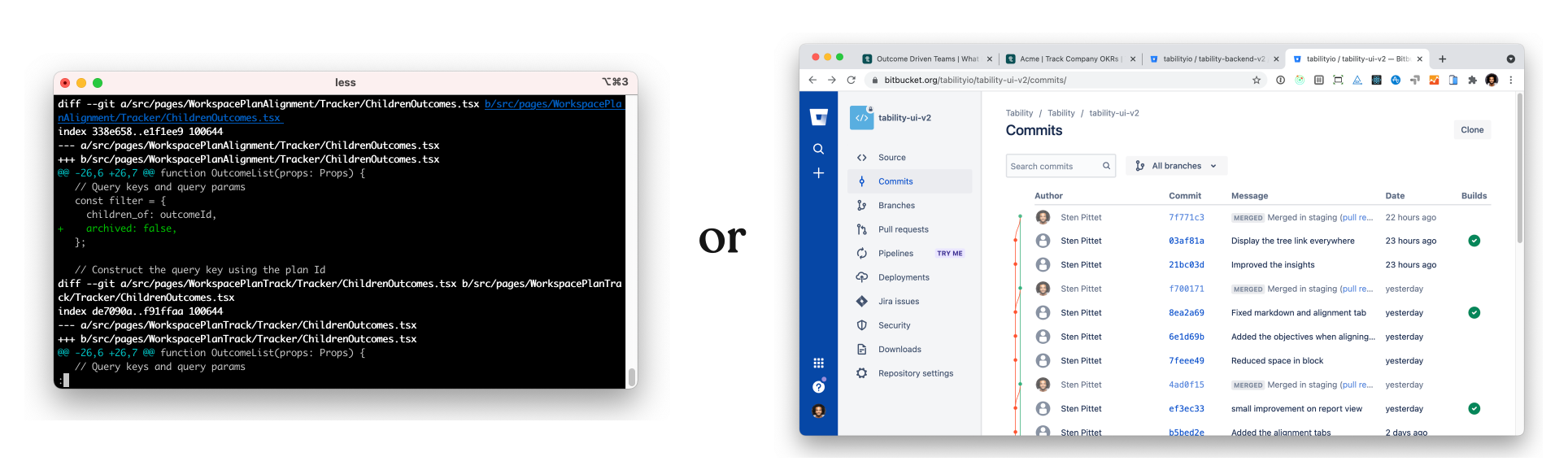 This is a picture showing a Git in a terminal vs. using Bitbucket.