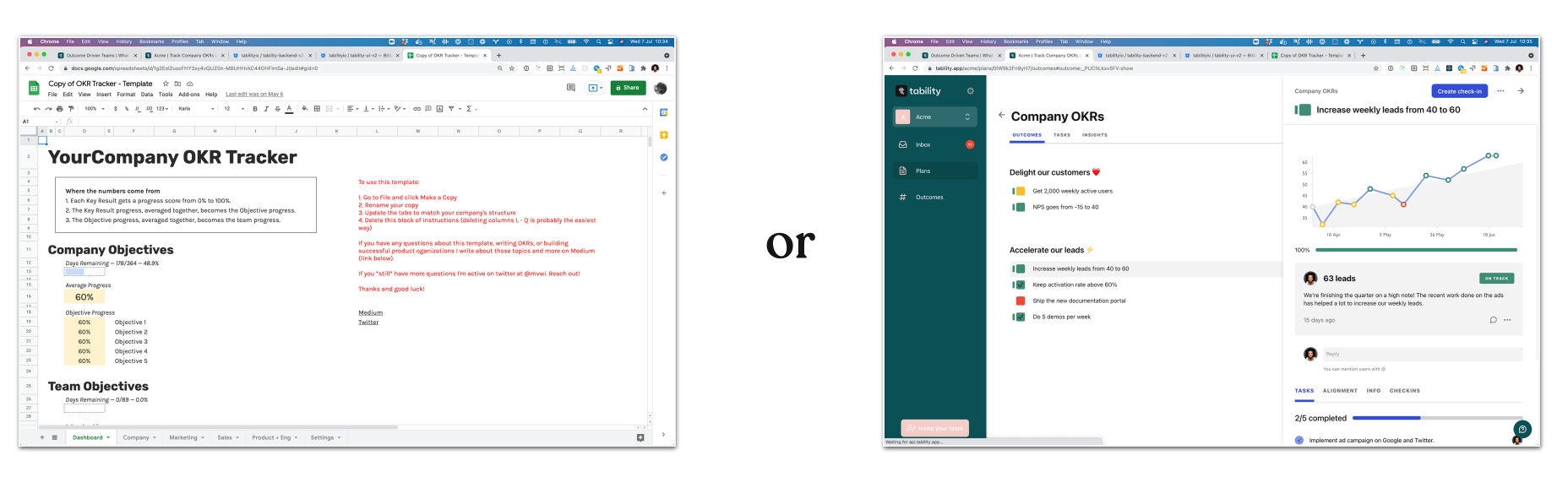 This is a picture showing an OKRs plan in a spreadsheet vs Tability.